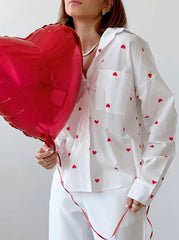 Heart Kalp Desenli Uzun Kollu Cepli Gömlek