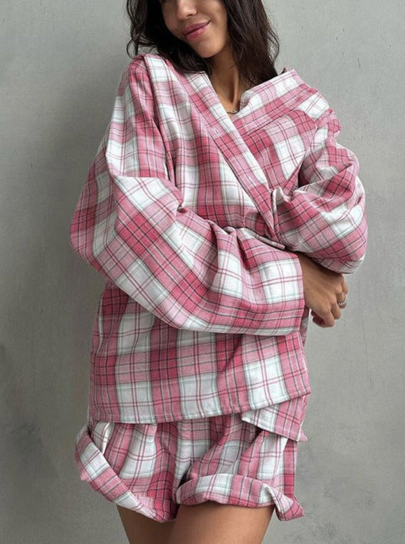 Retro Ekose Oversize Gömlek Şort Takım