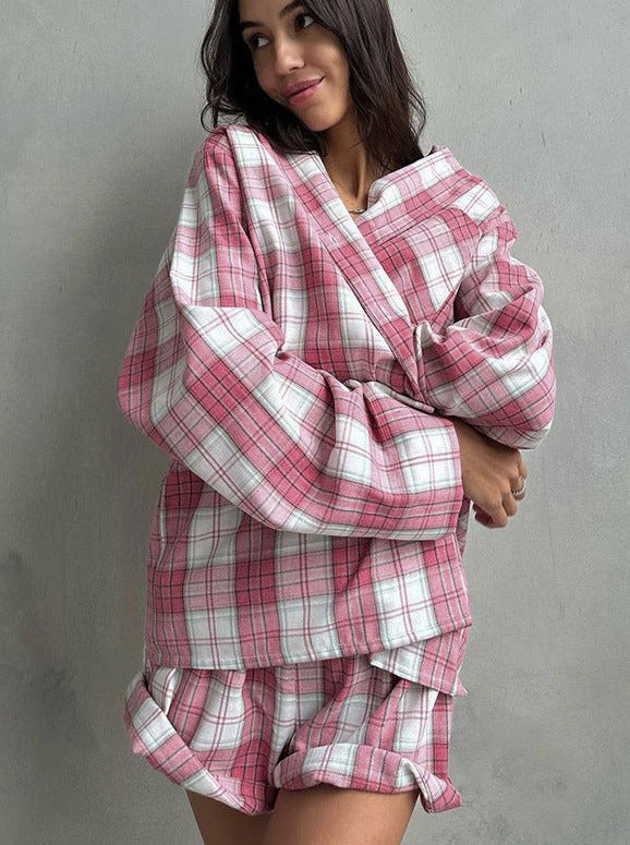 Retro Ekose Oversize Gömlek Şort Takım