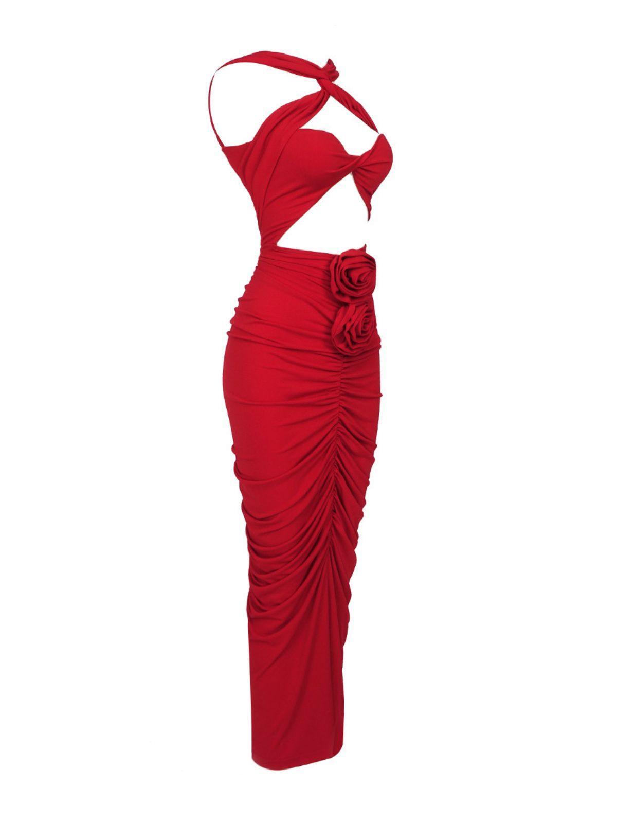 Pomeline Rose Vücut Fit Maxi Kırmızı Elbise