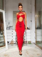 Pomeline Rose Vücut Fit Maxi Kırmızı Elbise